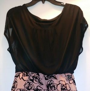 Black and Peach Floral short Dress. Sheer top